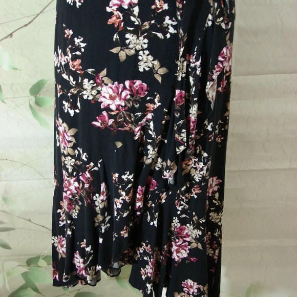 Black Pink Floral Ruffle Wrap Dress Chelsea & Violet Large Cottagecore Romantic - Picture 9 of 16